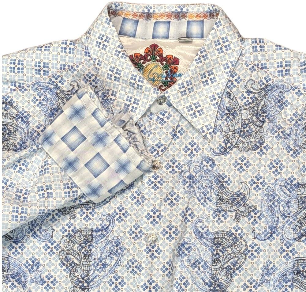 Robert Graham Wild Blue Shirt Size Large Paisley Embroidered Silk Trim Flip Cuff